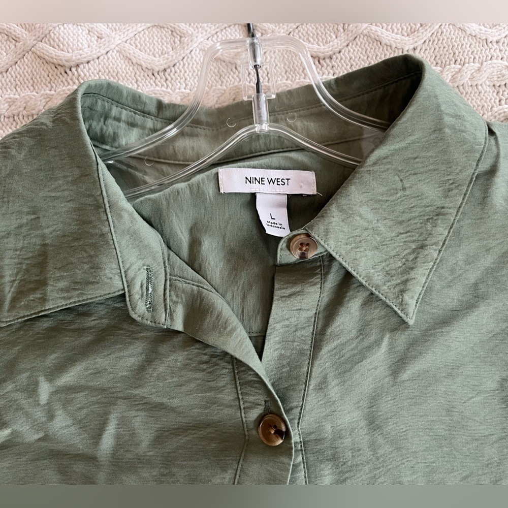 New! Nine West Button-Front Sage Green Long Shirt Dress Women’s Size Large - Picture 6 of 16
